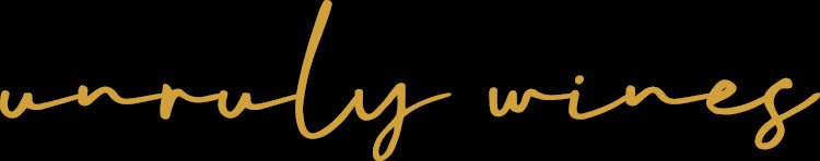 Unruly Wines logo, gold text on black